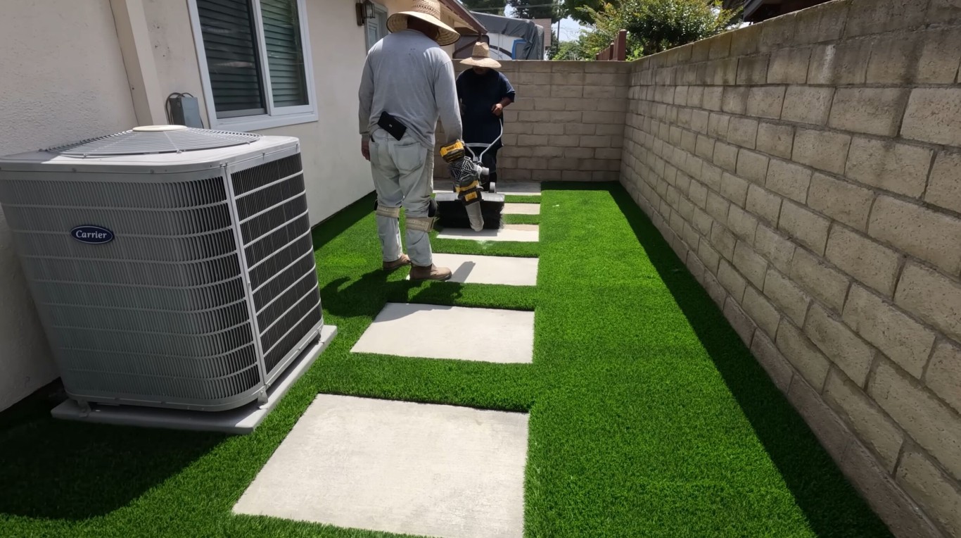 Commercial artificial grass installation with pavers in Richland, WA